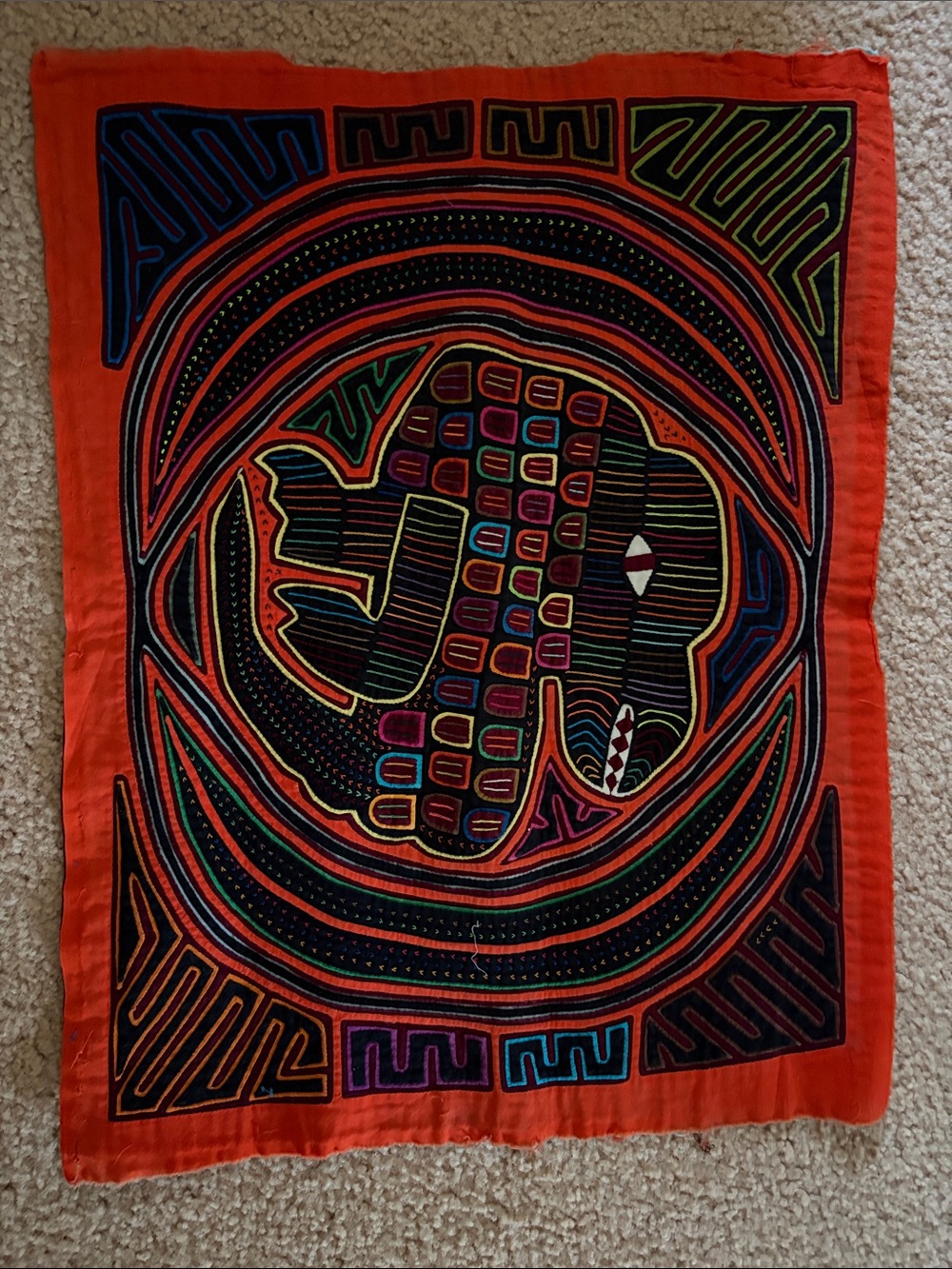 Handmade Orange Multi-Color Mola Wall Hanging From San Blas Islands